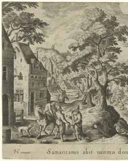 De barmhartige Samaritaan zet de gewonde reiziger bij een herberg af by Crispijn van de Passe