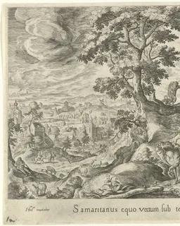 Landschappen met scènes uit de gelijkenis van de barmhartige Samaritaan by Crispijn van de Passe
