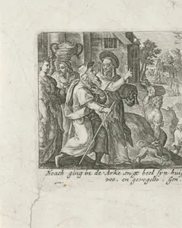 Noach gaat met zijn familie en de dieren aan boord van de ark by Crispijn van de Passe