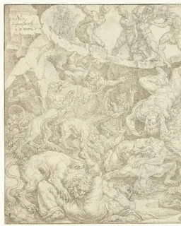 Aanklagers van Daniël worden in de leeuwenkuil geworpen by Maarten van Heemskerck