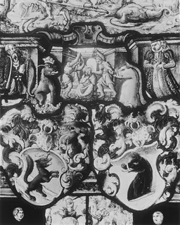 Saint George and the Dragon, the Scourging of Christ and the Last Judgement, with donor figures and armorials by Anonymous
