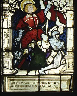 St. George standing behind kneeling donor, Jorig Baumgartner, and his family (one of a pair) by Hans Wertinger