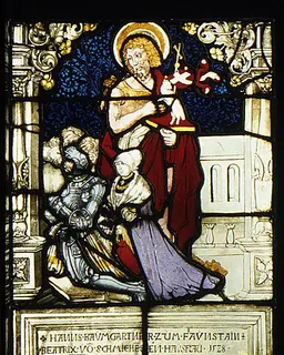 St. John the Baptist standing behind donor, Hanns Baumgartner, and his family (one of a pair) by Hans Wertinger