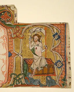 Manuscript Leaf Showing an Illuminated Initial R with The Resurrection by Anonymous