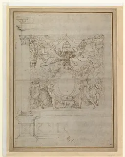 A Tabernacle Containing a Papal Escutcheon Supported by Angels by Giulio Romano