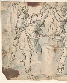 Five Men Around an Anvil, verso: Figures in a Wood (The Preaching of Saint John the Baptist?) by Anonymous, Netherlandish, 16th century