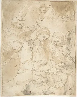 Madonna and Child with Angels Playing Lute and Viola da Braccio by Anonymous, Spanish, School of Seville, 17th century