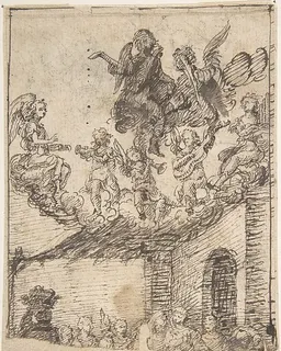 Fragment of Nativity Scene with Music-Making Angels on Clouds Above by Anonymous, Spanish, School of Seville, 17th century