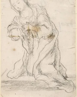 Kneeling Virgin (Virgin Annunciate) (recto); Writing (verso) by Anonymous, Spanish, School of Seville, 17th century