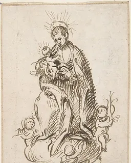 Male Saint (Stanisław Kostka?) standing on clouds supported by putti, holding infant Christ by Pedro  Duque Cornejo