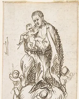 Male Saint (Stanisław Kostka?) standing on clouds supported by putti, holding infant Christ by Pedro  Duque Cornejo