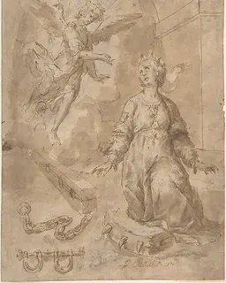 An Angel Appearing to Saint Catherine of Alexandria in Prison (recto); Volute (verso) by Anonymous, Spanish, School of Seville, 17th century