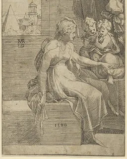 Seated woman with two children (Virgin with Christ and St John the Baptist?) by Léon Davent