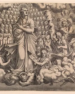 The Apostles looking at Christ and the Virgin in a Glory of Angels (top left plate) by Léon Davent