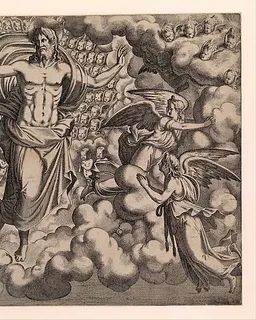 The Apostles Looking at Christ and the Virgin in a Glory of Angels (top right plate) by Léon Davent