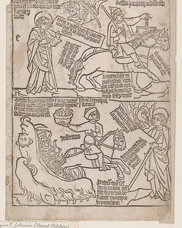 A Rider on a Black Horse with a Pair of Balances in His Hand; and A Pale Horse with Death as Its Rider, from an Apocalypse blockbook, 2nd edition by Anonymous, Netherlandish, 15th century