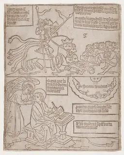 The Angels of the Euphrates Killing Mankind; and The Angel Preventing Saint John from Recording the Words of the Seven Thunders, from an "Apocalypse" blockbook, second edition by Anonymous, Netherlandish, 15th century