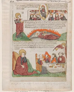Song of Praise in Heaven over the Fall of the Whore of Babylon; The Wedding of the Lamb from an Apocalypse block book, 2nd edition by Anonymous, Netherlandish, 15th century