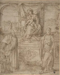 Madonna and Child Enthroned with Saint Basil the Great and Saint John the Baptist and Donor by Niccolò dell' Abate