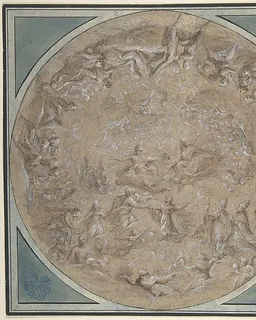 Monastic Saint Presented to the Holy Trinity by the Virgin, Study for a Circular Ceiling Decoration by Lazzaro Baldi