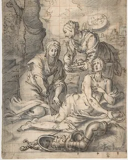 Two Women Annointing the Wounds of Saint Sebastian (recto); Study of a Nude Male Figure (verso) by Giovanni Biliverti