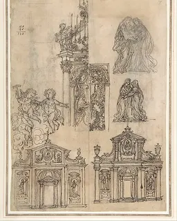 A Sheet of Studies with Architectural Motifs and Two Sketches for a Visitation (recto); Sketch for a Funerary Monument (verso) by Giovanni Battista Foggini