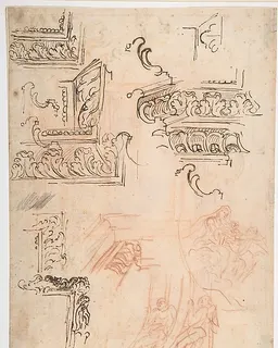 Studies of Architectural Moldings, of the Virgin and Child with a Kneeling Saint, and of Two Angels Supporting Frames (recto); Studies for Architectural Mouldings (verso) by Baldassarre Franceschini (il Volterrano)