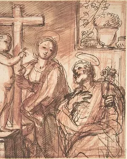 Holy Family in an Interior by Anonymous, Italian, Roman-Bolognese, 17th century