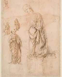 Sketches of Figures of the Virgin Kneeling, Saint Peter Standing, Seated Allegorical Figures of Faith and Charity, and Child Standing on a Corbel (?) (recto); Sketches of Figures of Saint Sebastian Standing and the Virgin and Child with Angels (verso) by Francesco di Simone Ferrucci