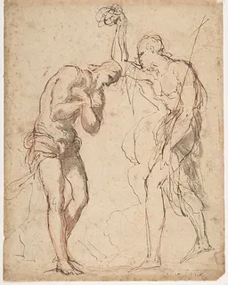 The Baptism of Christ (recto); Kneeling Figure (?) in a Landscape (verso) by Micco Spadaro (Domenico Gargiulo)