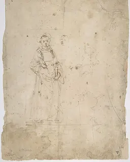 Standing Figure of Saint Stephen and the Head of Another Figure Within the Framing Outlines of a Rectangle, Crude Sketch of the Head of Another Figure, Undecipherable Sketch of a Polygonal or Circular Object with Small Projections by Domenico Ghirlandaio