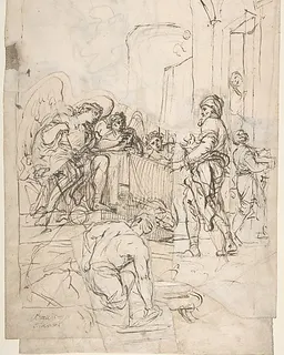 Abraham Entertaining the Three Angels (Genesis 18:1-15) (recto);  A Couple Embracing, and Other (verso) by Francesco Lamarra
