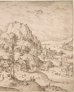 Panoramic Mountainous Estuary Landscape, with Christ and the Woman of Canaan by Lucas Gassel