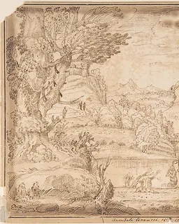 Landscape with the Baptism of Christ by Anonymous, Italian, Bolognese, 17th century