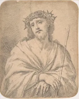 Man of  Sorrows, after Guido Reni (recto); Studies of arm and hands (verso) by Anonymous, Italian, Roman-Bolognese, 17th century