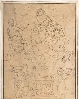 Madonna and Child with Saint John the Baptist and three other Saints by Anonymous, Italian, Roman-Bolognese, 17th century