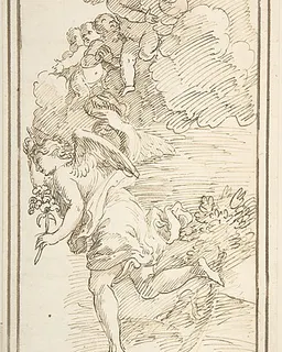 Archangel Holding a Lily in a Landscape with Clouds Bearing Putti (Fragment of a Scene of the Annunciation) by Anonymous, Italian, 18th century