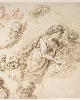 Study for a Nativity, Bearded Male Saint, and Head Studies (recto); Two Head Studies (verso) by Bartholomaeus Ignaz Weiss