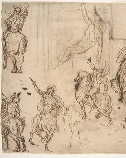 Studies of Horsemen and Study of a Figure for a Deposition (recto); Sketch for an Entablature (verso) by Jacopo Palma the Younger