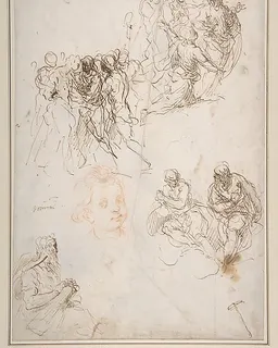 Figure Studies: The Arrest of Christ?, Christ and the Canaanite Woman, Seated Male Figures, and Head of a Child (recto); Studies of an Arm, and of the Heads of an Old Man and Young Woman (verso) by Jacopo Palma the Younger