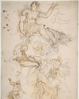 Figure Studies: Seated Female Holding a Book, Two Heads of Bearded Men, Seated Male Nude, and Four Sketches for Christ Judging (recto); Studies for Cain Slaying Abel (verso) by Jacopo Palma the Younger