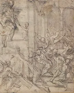 Apparition of Christ (recto); Printed Fragment with Jupiter Enthroned with Eagle, from Caraglio's "Martyrdom of Saint Peter and Saint Paul" (verso) by Parmigianino (Girolamo Francesco Maria Mazzola)