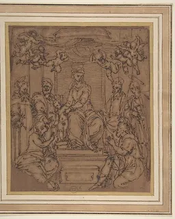 Virgin and Child Enthroned with Saint Anthony Abbot, Saint Peter, Saint Paul, Saint Julian the Hospitaler, Saint Roch, and Saint Mary Magdalen? by Perino del Vaga (Pietro Buonaccorsi)