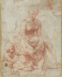 Madonna and Child with the Infant Saint John the Baptist; upper left, Study for the Right Arm of the Infant Saint John; upper right, Study for Drapery (recto); Study of a Nude Male Figure (verso) by Raffaello Sanzio da Urbino