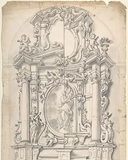 Halved Variant Designs for an Altar with the Virgin of the Immaculate Conception in the Central Cartouche by Anonymous, Italian, Piedmontese, 18th century
