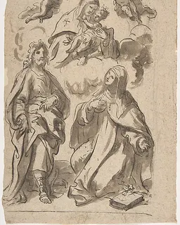 A Male and a Female Saint (Joseph of Aramathea? and Saint Catherine of Siena? Adoring the Virgin and Child in Glory (recto); Minerva Bellona with a Victorious Warrior (verso) by Francesco di Maria