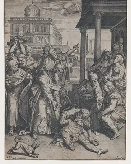 Saint Paul raising Patroclus who is on the ground, surrounded by a group of onlookers, a dog in the foreground at left by Agostino Carracci