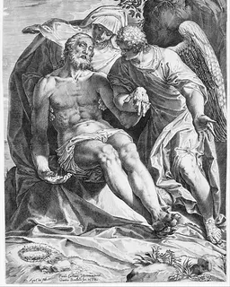 Pietà: Christ supported by the Virgin and an angel at the right by Agostino Carracci