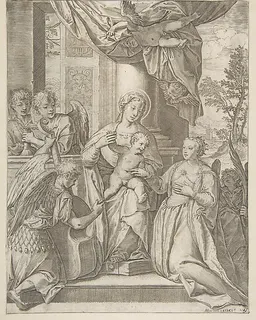 The mystic marriage of Saint Catherine who sits at center with the Christ child, angels with instruments at the left by Agostino Carracci