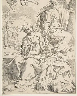 Rest on the flight into Egypt, Mary holding the infant Christ while St. Joseph hands him a fruit by Simone Cantarini